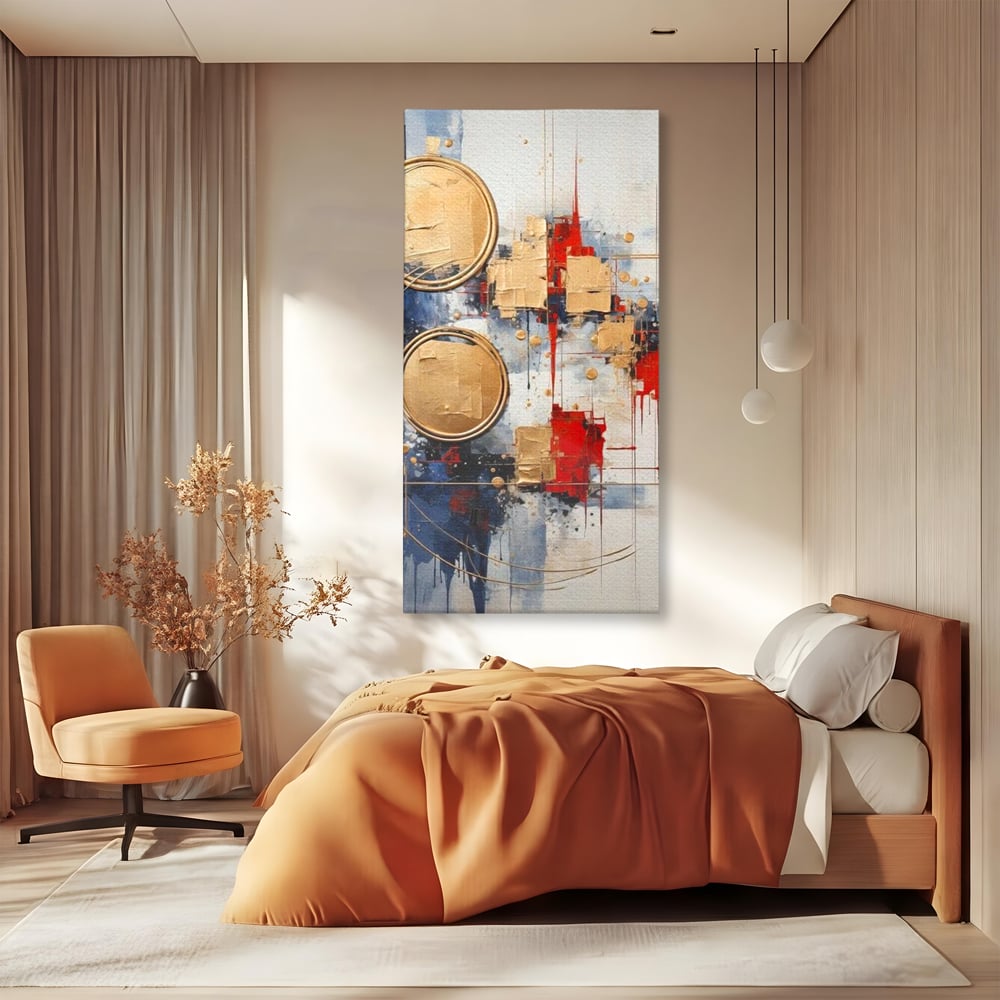 Tablou canvas cu tablou abstract cu cercuri aurii, fara rama, pe sasiu de lemn, pe perete intr-un dormitor